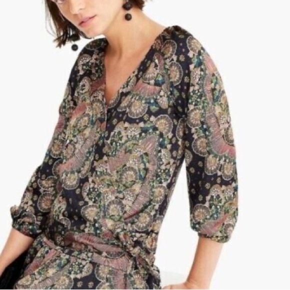 J.Crew Point Sur Satin Crepe Paisley Floral Wrap Tie Black Blouse Top Size XS - Picture 1 of 15